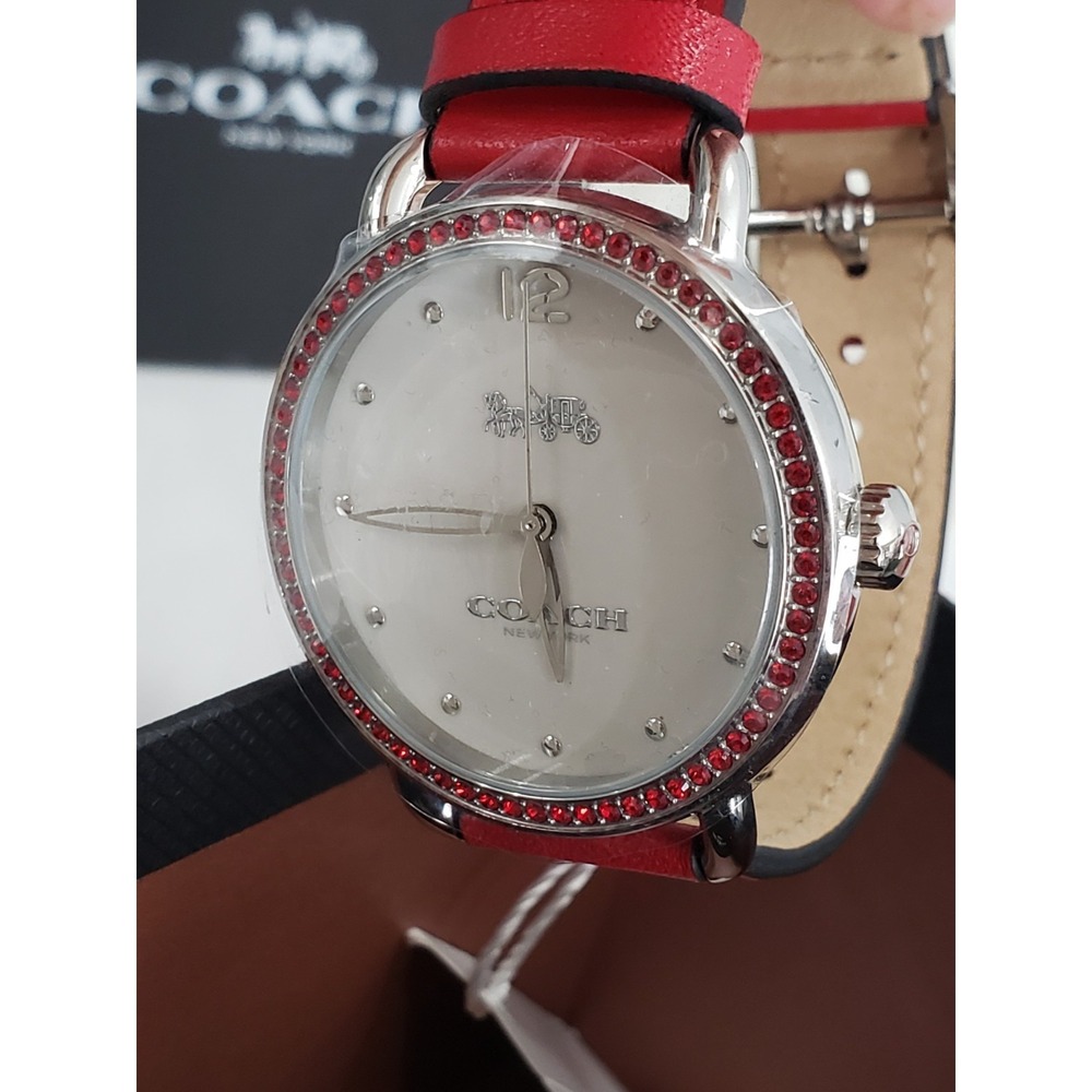 NEW COACH Red Leather Crystal Rhinestone Silver Plated Ladies Watch Leather Y2k - Picture 4 of 7
